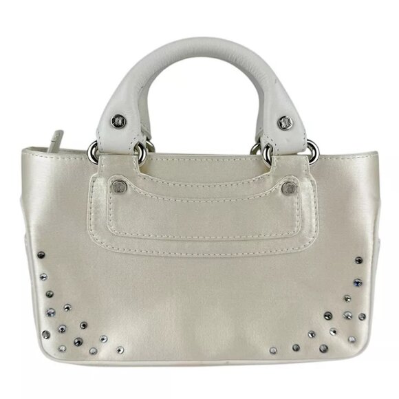 Auth CELINE Mini Boogie Bag Handbag White Satin/Leather/Silvertone - z3527 - Picture 1 of 13